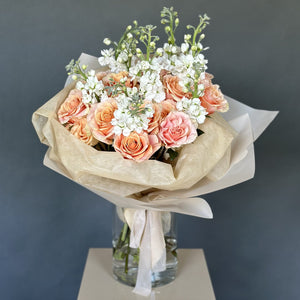 Duo Bouquet of Peach Garden Roses&Stock