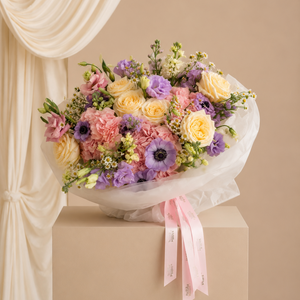 Luxury pastel bouquet featuring blush roses, lavender blooms, and seasonal flowers with same-day delivery in Orlando.
