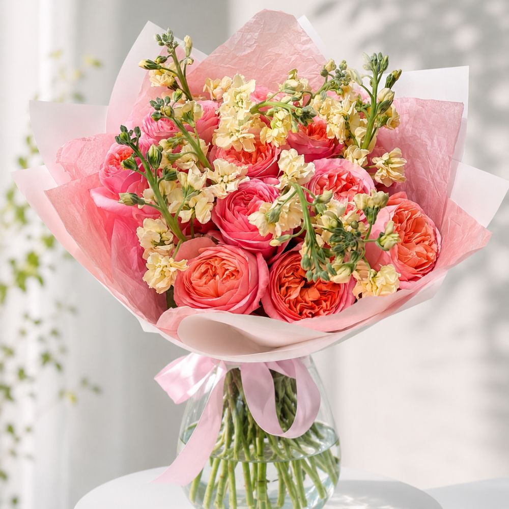 Duo Bouquet of Pink Garden Roses&Stocks