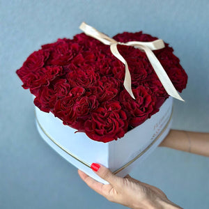 Red Garden Roses in a Heart Box