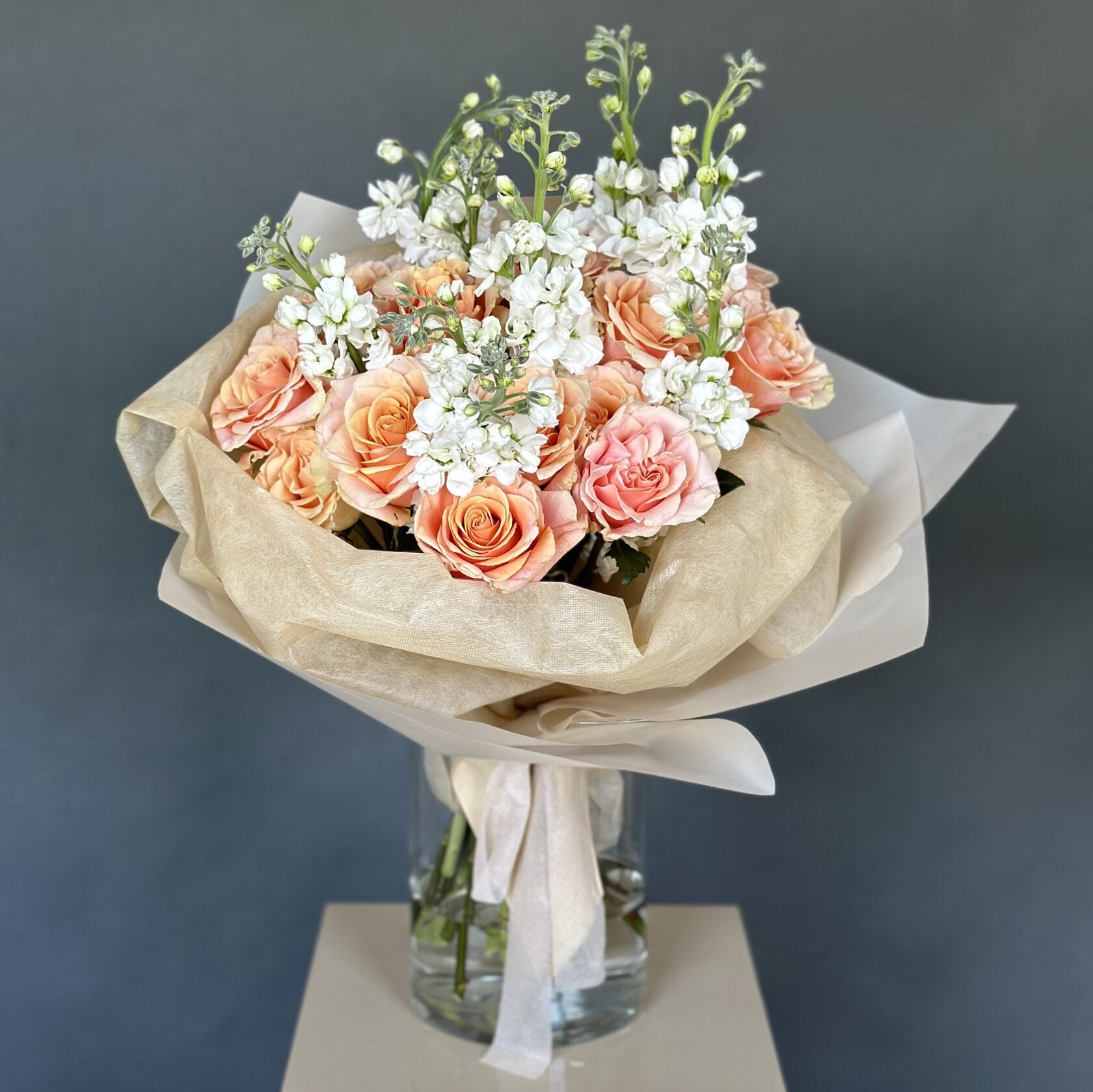 Duo Bouquet of Peach Garden Roses&Stock