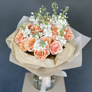 Duo Bouquet of Peach Garden Roses&Stock