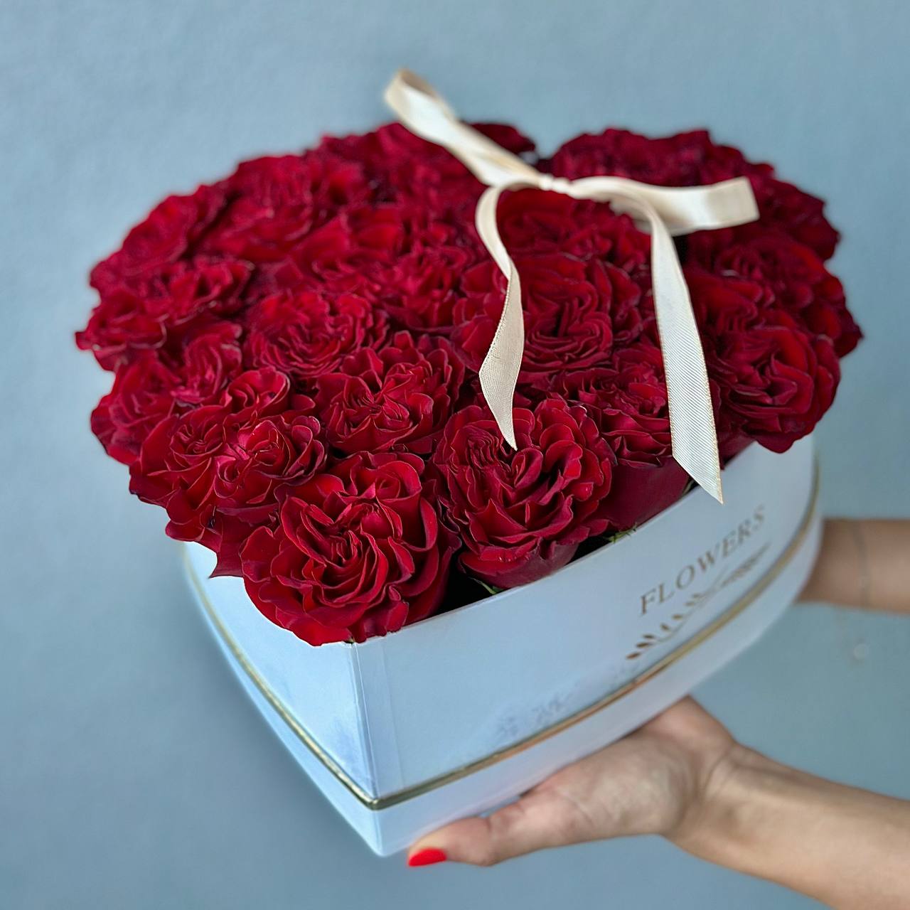 Red Garden Roses in a Heart Box