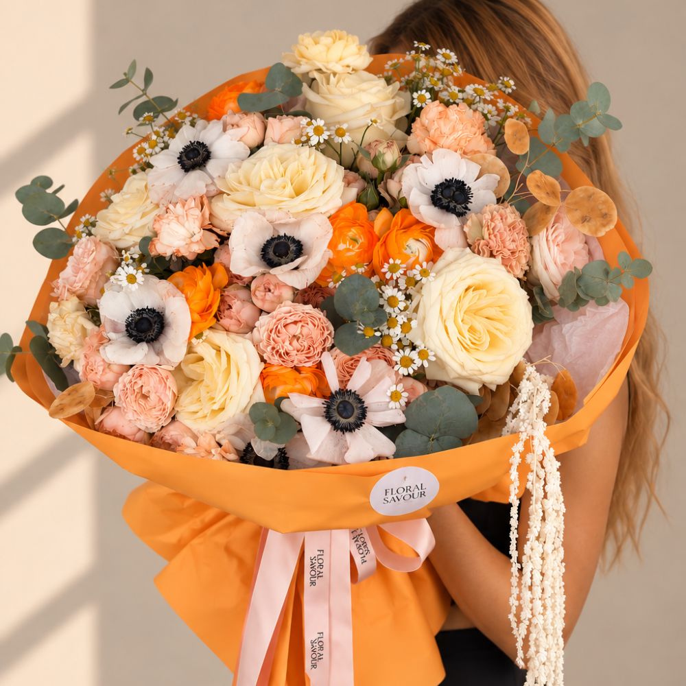 Golden Hour Bouquet — full view held by model