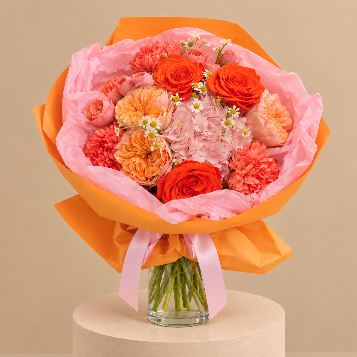 A vibrant flower bouquet featuring red and orange roses, pink carnations, and peach chrysanthemums, wrapped in orange paper with a pink ribbon and presented in a clear glass vase on a round pedestal.