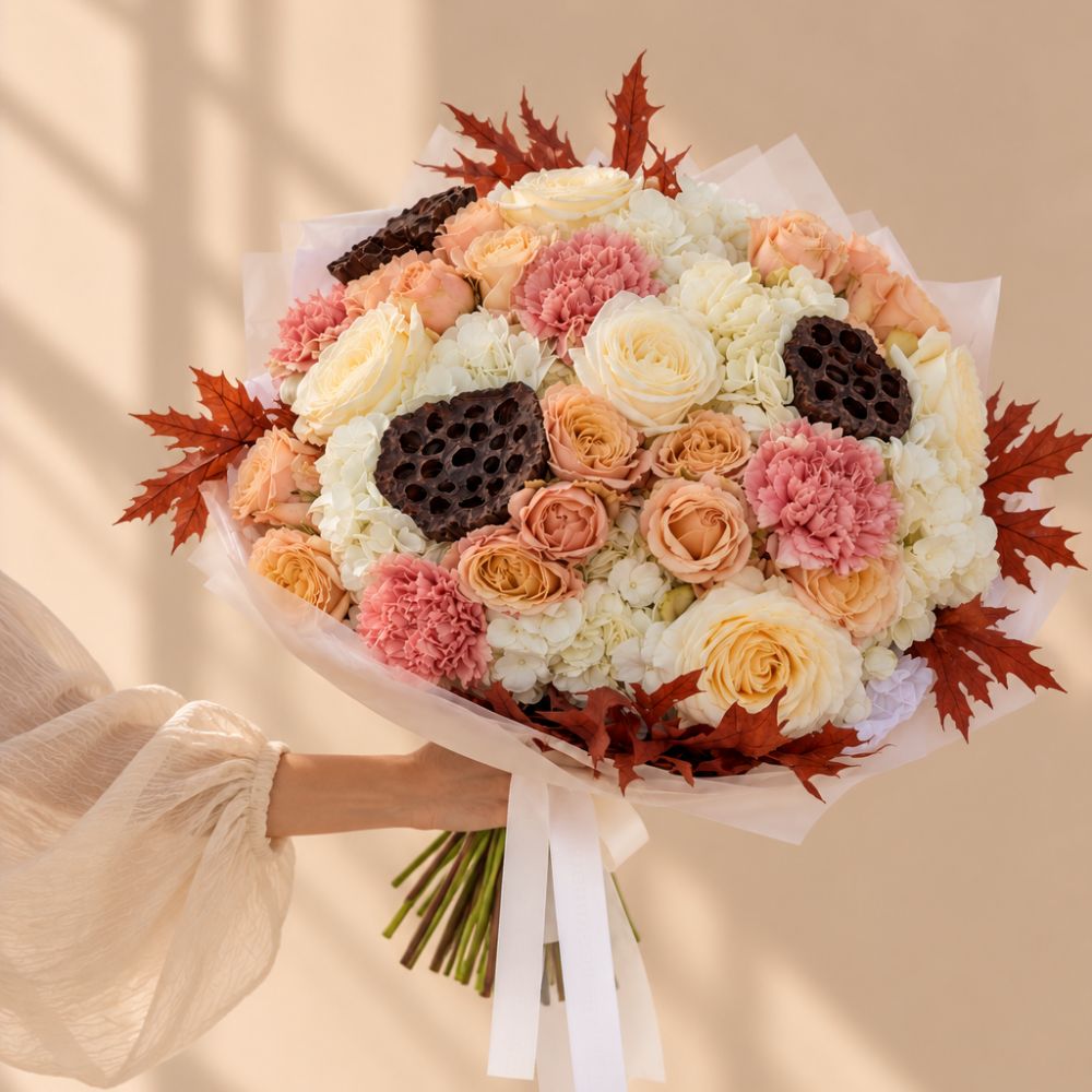 Honeyed Love peach and cream flower bouquet with blush roses and autumn accents by Floral Savour Orlando