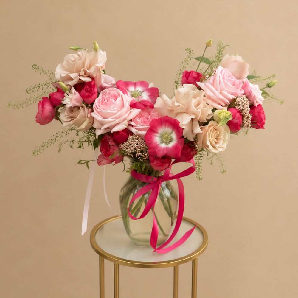 Sweet Devotion floral arrangement in a glass vase featuring pink roses, ranunculus, anemones, and seasonal blooms, available for same-day flower delivery in Orlando.