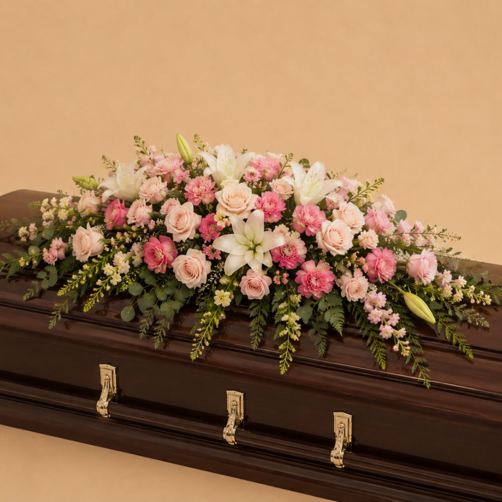 Designer's Choice casket spray featuring premium seasonal flowers arranged for funeral and memorial services, available for delivery in Orlando.
