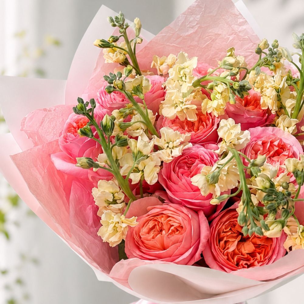 Duo Bouquet of Pink Garden Roses&Stocks