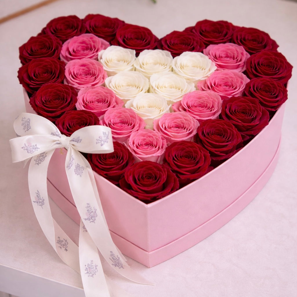 Ombre Roses in a Heart Box