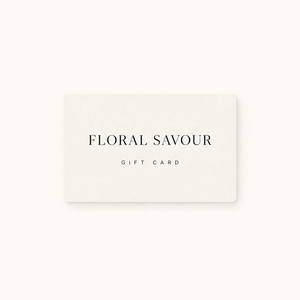 Minimalist FLORAL SAVOUR gift card with black lettering on an ivory background
