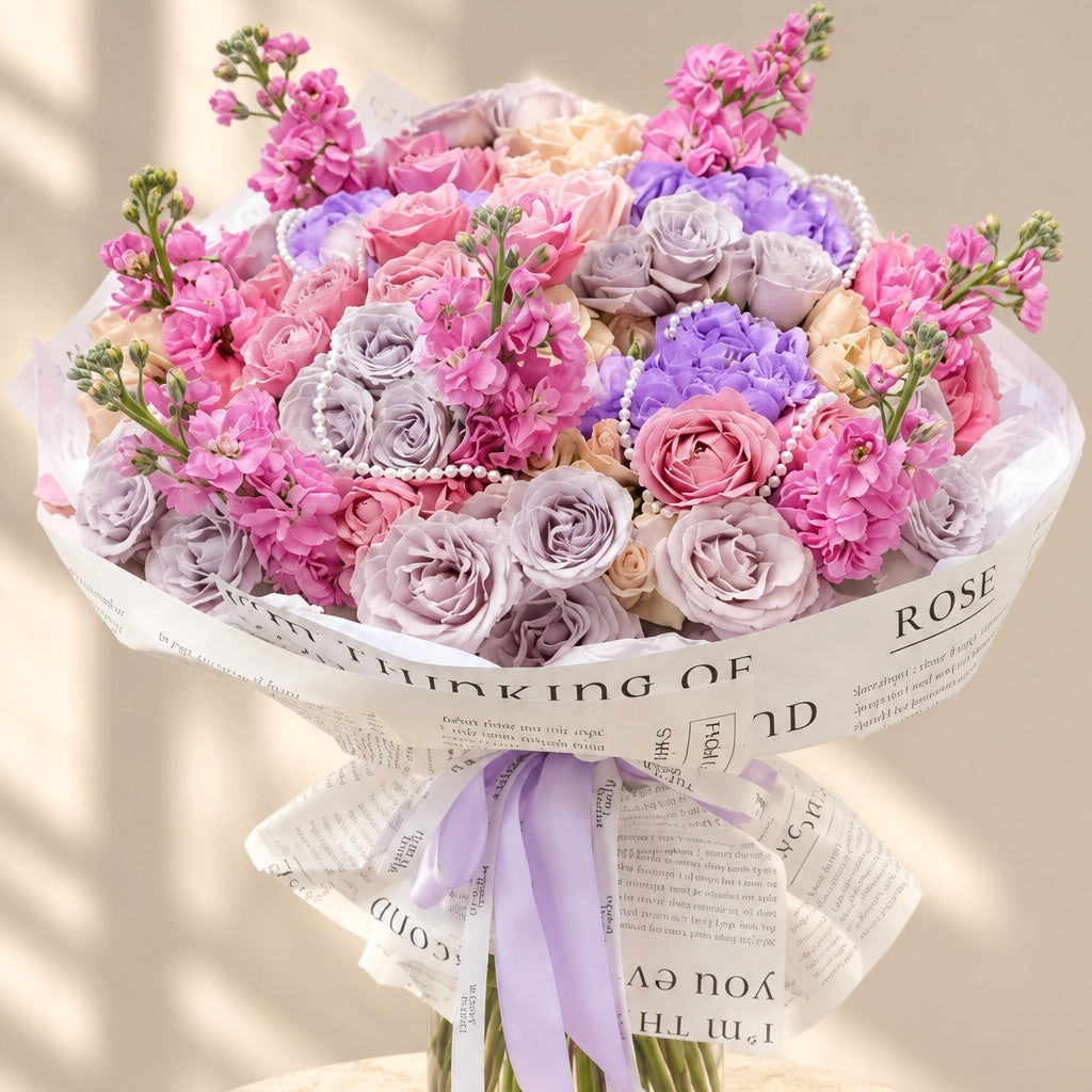  Lilac Afterglow mixed bouquet in a glass vase, finished with pearl-like accents, printed wrapping, and lavender ribbons.