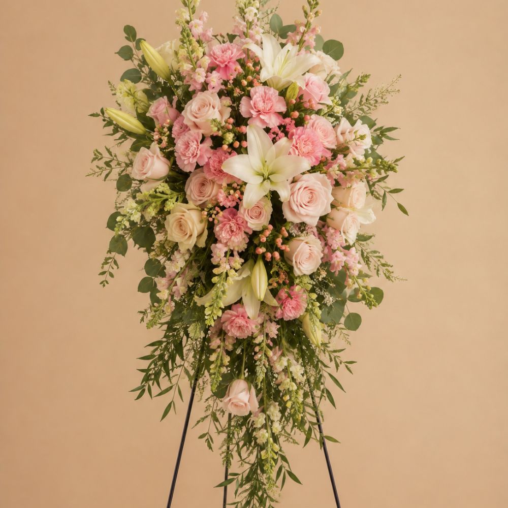 Standing Spray – Designer's Choice featuring premium seasonal sympathy flowers on an easel for funeral and memorial services in Orlando.
